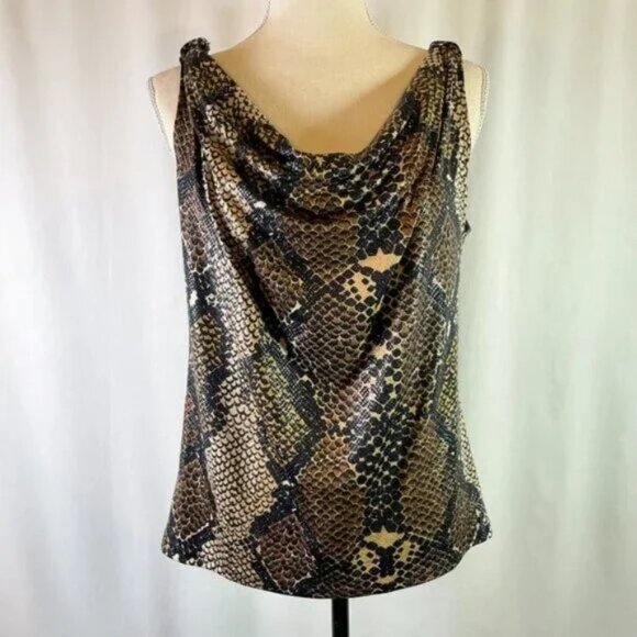 Ellen Tracy Size L Snakeskin Print Top Drape Neck Sleeveless Black Brown Sheen - Picture 1 of 8